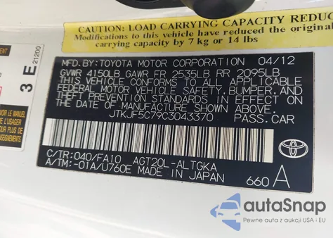 2012 Scion Tc z USA, uszkodzony, nr VIN JTKJF5C79C3043370